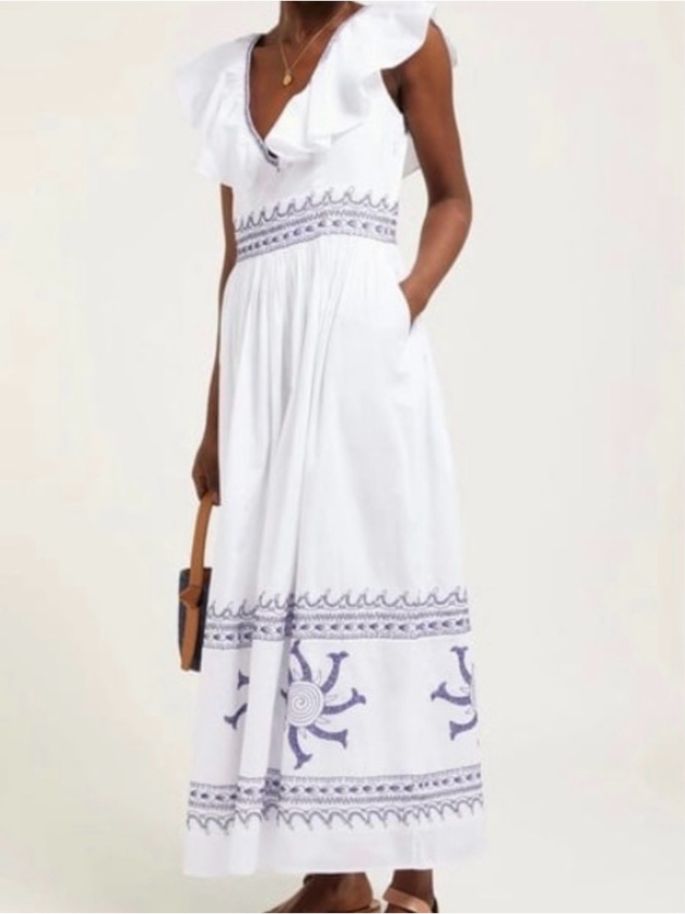 Emporio Sirenuse White Maxi Dress with Navy Embroidery